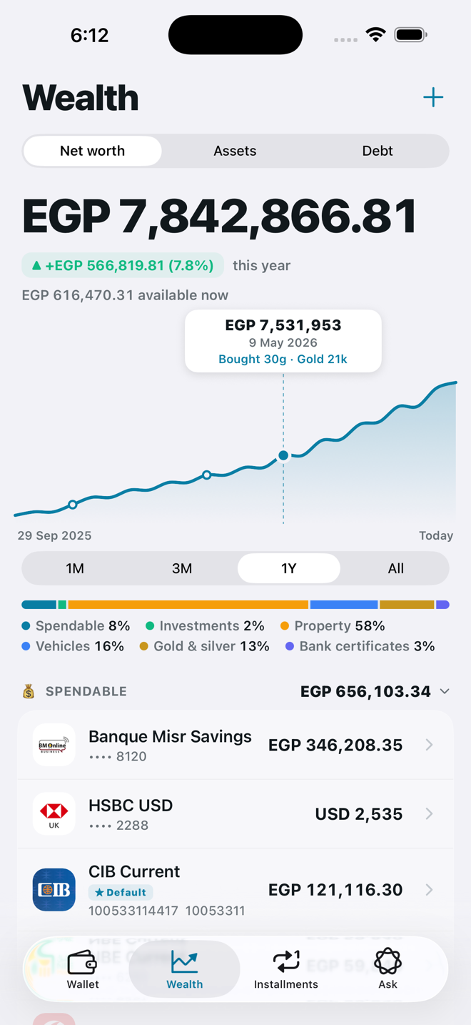Net worth chart with a gold purchase highlighted